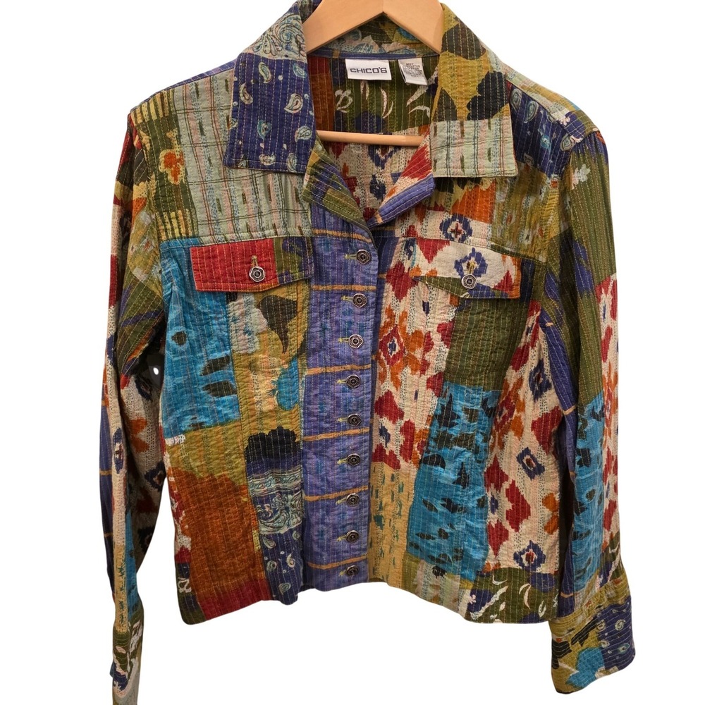 CHICO'S Sz 1/M Patchwork Ikat Jacket Boho Art to Wear Quilted Hippie Festival